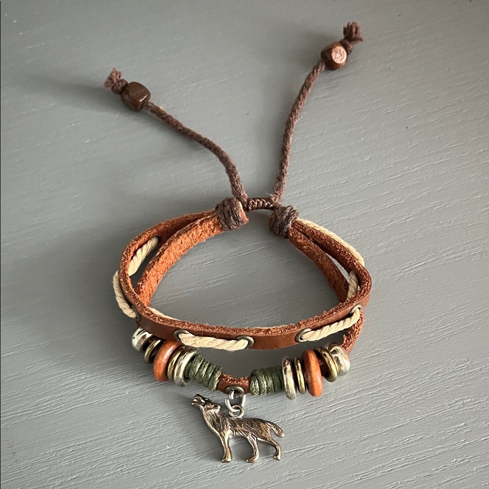 Brown leather and Tan Wolf Charm Bracelet
